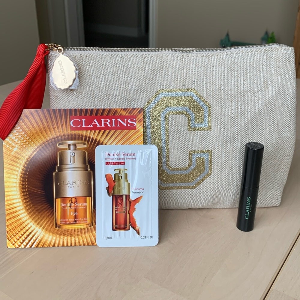 Clarins Cosmetic Pouch, Double Serum Eye, Supra Lift and Curl Mascara